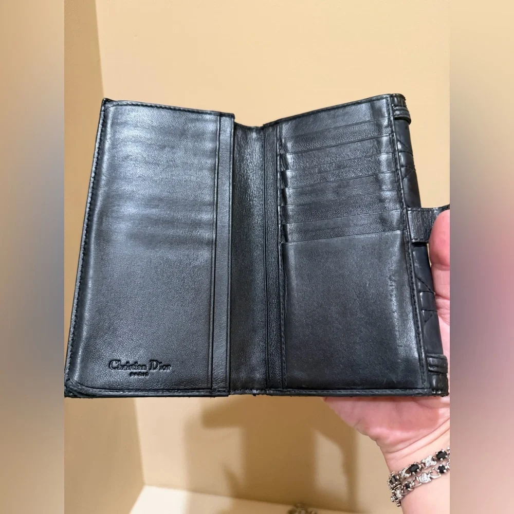 Dior Black Cannage Quilted Long Wallet W/unbranded chain